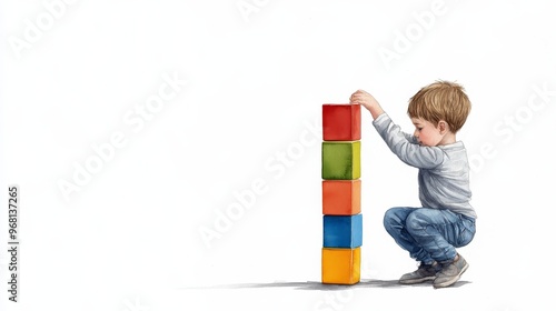 A watercolor illustration of a young child building a tower with colorful blocks. The child is focused and determined, showcasing the joy of learning and creativity. The illustration symbolizes growth