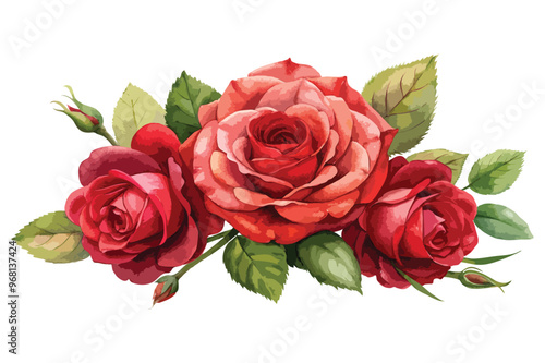 Watercolor floral bouquet with red roses for wedding invitation editable vector illustration