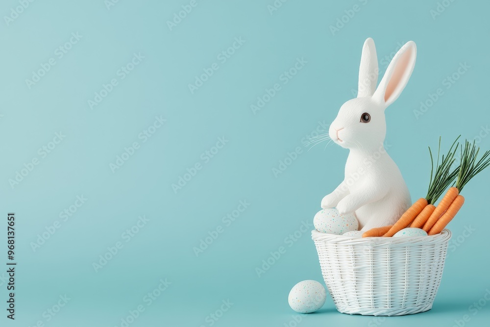 A white toy bunny sits in a white wicker basket filled with toy carrots and Easter eggs. The bunny is looking to the left, symbolizing hope, new beginnings, and the arrival of spring. The carrots repr A white toy bunny sits in a white wicker basket filled with toy carrots and Easter eggs. The bunny is looking to the left, symbolizing hope, new beginnings, and the arrival of spring. The carrots repr