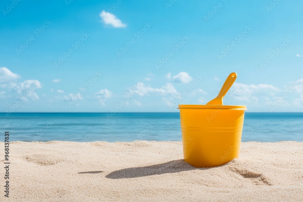 A yellow plastic beach bucket and spade on a sandy beach with the blue sea and sky in the background. The image symbolizes summer, childhood, play, relaxation, and vacation. A yellow plastic beach bucket and spade on a sandy beach with the blue sea and sky in the background. The image symbolizes summer, childhood, play, relaxation, and vacation.