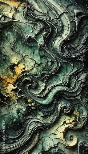 Swirling dark green cracked organic texture representing Envy