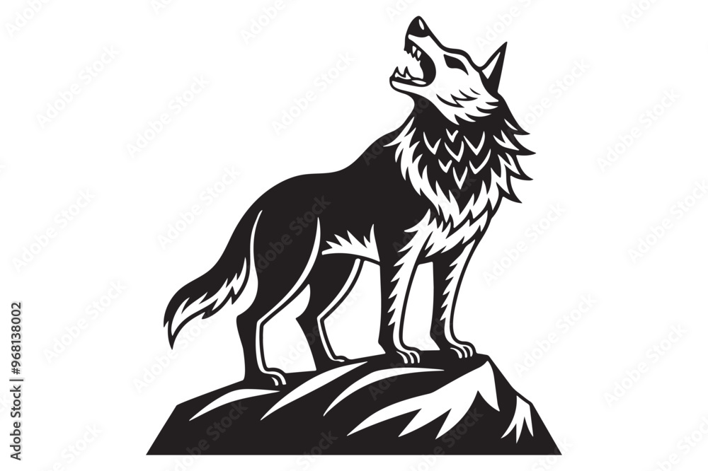 Obraz premium Vector illustration of a howling wolf silhouette on a mountain
