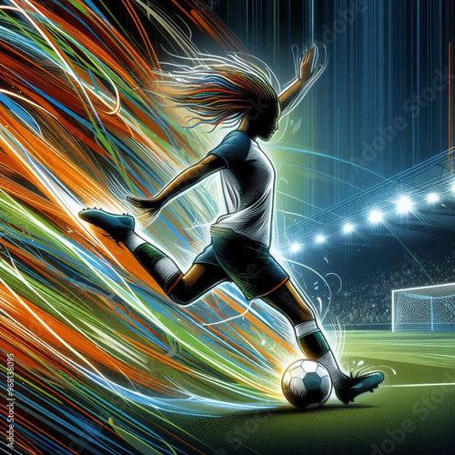 Female soccer player striking the ball with dynamic colorful energy

