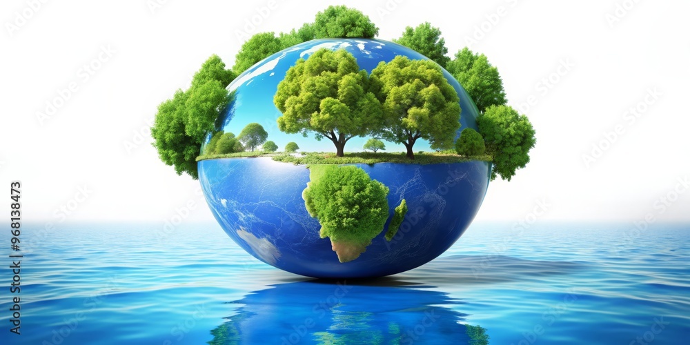 Earth Surrounded by Trees, 3D Rendering, Globe, Nature, Water, Environment ,sustainability Earth Surrounded by Trees, 3D Rendering, Globe, Nature, Water, Environment ,sustainability
