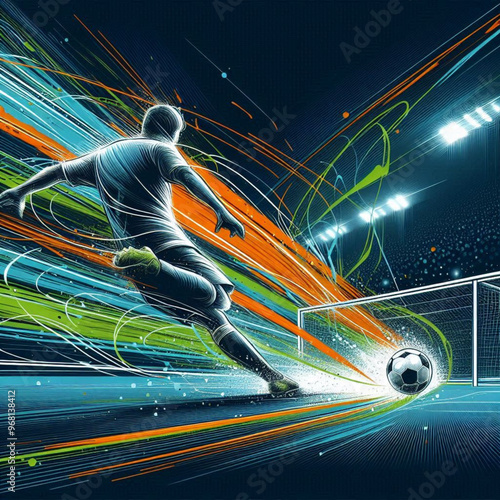 Female soccer player striking the ball with dynamic colorful energy

