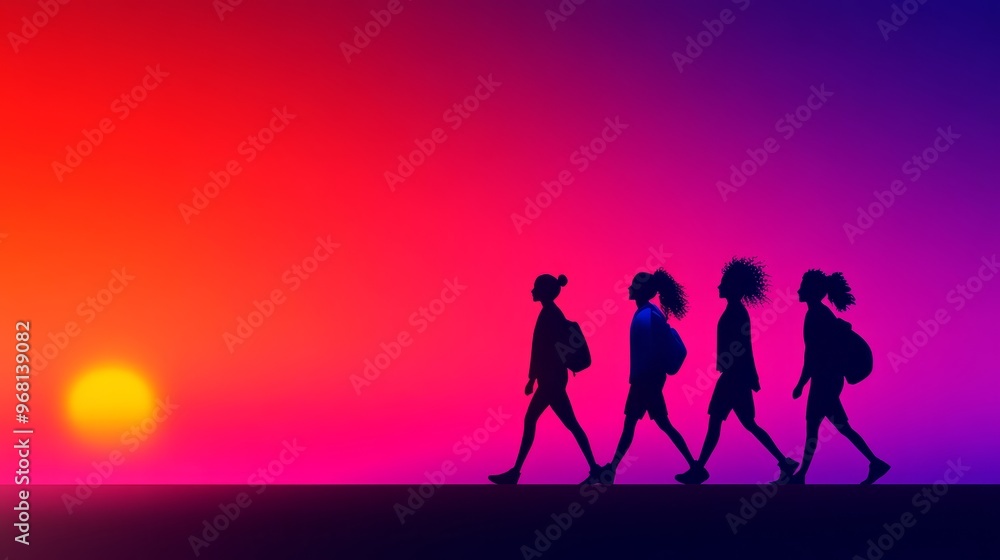 Four friends walking side-by-side towards a setting sun, symbolizing camaraderie, shared journey, hope, growth, and a bright future. Four friends walking side-by-side towards a setting sun, symbolizing camaraderie, shared journey, hope, growth, and a bright future.