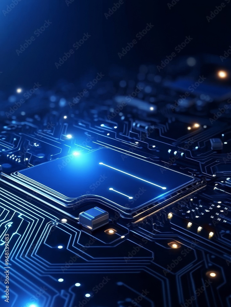 Close-up view of a modern electronic circuit board with glowing blue lines, representing the flow of data and information. This image symbolizes innovation, technology, connectivity, and the power of Close-up view of a modern electronic circuit board with glowing blue lines, representing the flow of data and information. This image symbolizes innovation, technology, connectivity, and the power of