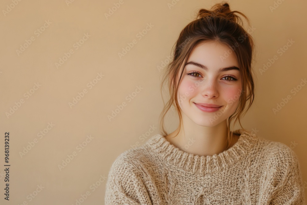 Portrait of a Smiling Woman Wearing a Knitted Sweater Portrait of a Smiling Woman Wearing a Knitted Sweater
