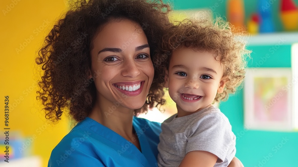 Fototapeta premium Smiling Nurse Holding a Toddler