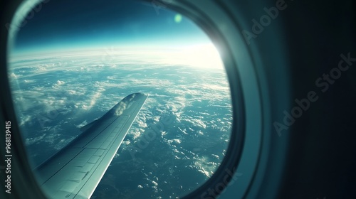 Awesome view of the Earth under the airplane wing. Amazing landscape is visible through airplane window. Traveling by plane. Flying in the sky among clouds