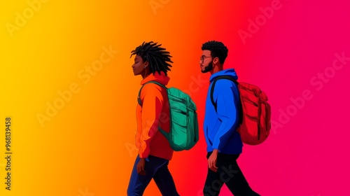 Two friends, one with a red backpack and the other with a green backpack, walk side by side against a vibrant gradient background, symbolizing friendship, adventure, travel, and unity.