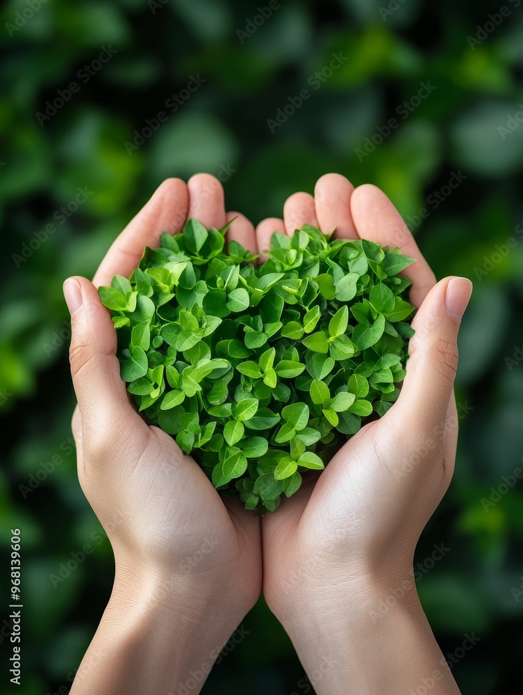 Two hands cupped together, holding a heart-shaped plant. This image symbolizes love for nature, growth, and nurturing. The plant represents life and the hands represent protection and care. Two hands cupped together, holding a heart-shaped plant. This image symbolizes love for nature, growth, and nurturing. The plant represents life and the hands represent protection and care.