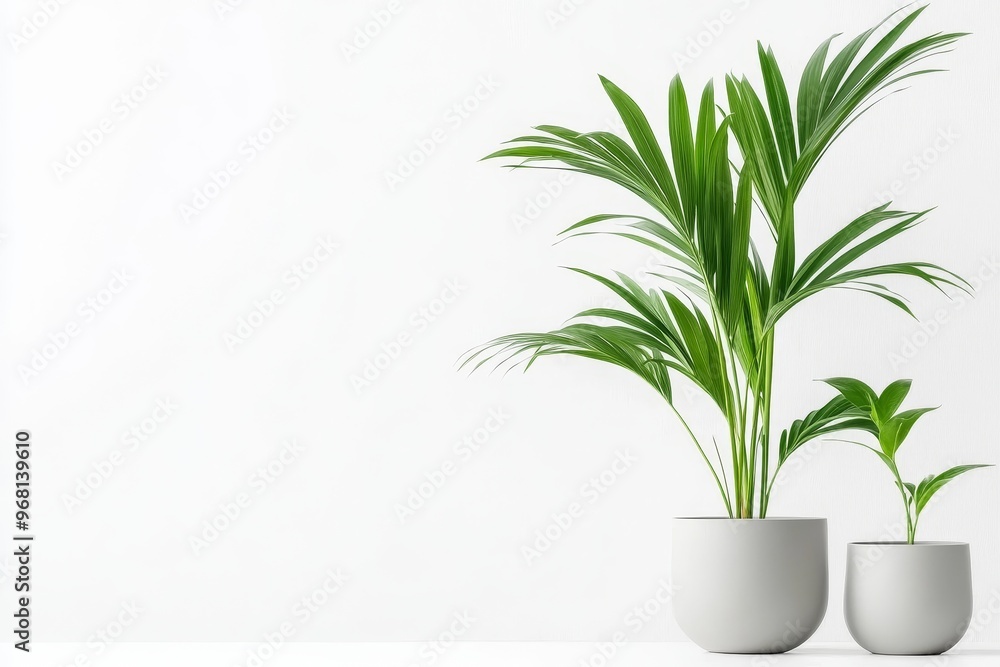 Two Kentia palm plants in grey pots, isolated on a white background. The larger plant is in the foreground, while the smaller plant is in the background. Both plants have lush green foliage. This imag Two Kentia palm plants in grey pots, isolated on a white background. The larger plant is in the foreground, while the smaller plant is in the background. Both plants have lush green foliage. This imag