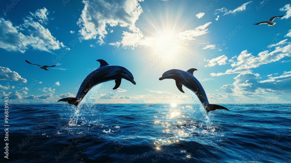 Fototapeta premium Two playful dolphins leap out of the ocean water as the sun sets in the distance. They symbolize freedom, joy, and the beauty of nature.
