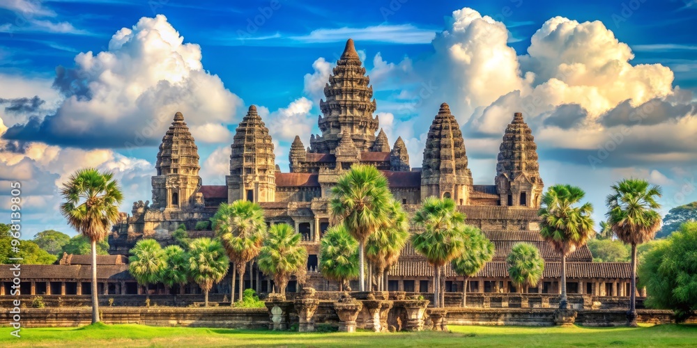Naklejka premium Angkor Wat Temple with Palm Trees and Cloudy Sky, Cambodia, Angkor, Temple