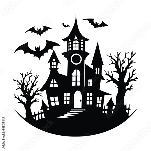 Wallpaper Mural Spooky witch house with trees and bats in vector silhouette art illustration Torontodigital.ca