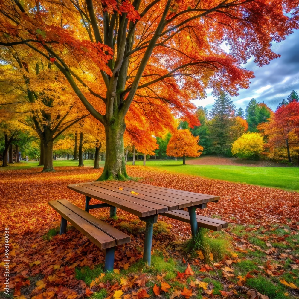 Autumn Picnic Beneath a Canopy of Red and Gold, fall foliage, park bench, nature Autumn Picnic Beneath a Canopy of Red and Gold, fall foliage, park bench, nature