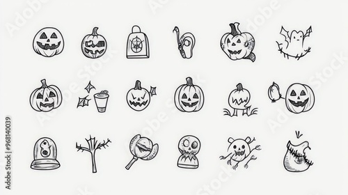 halloween many vector icons outline with white background