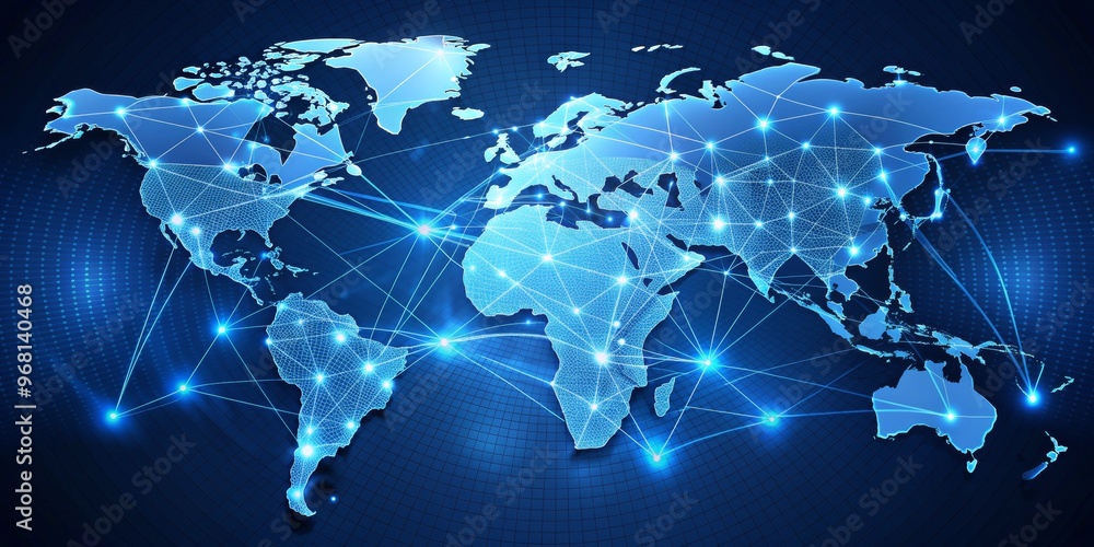 Fototapeta premium Global Network, World Map, Blue, Interconnected, Technology, network, global