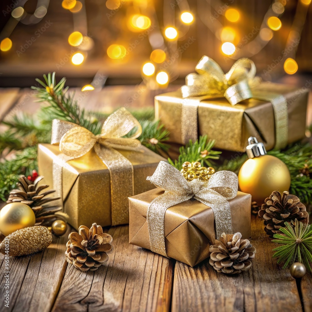 Golden Christmas Gifts on Rustic Wood, Christmas , Festive , Decoration Golden Christmas Gifts on Rustic Wood, Christmas , Festive , Decoration