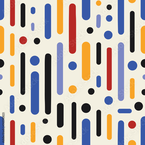 Seamless memphis vector pattern with vertical geometric shapes in blue, yellow, red and black on cream background