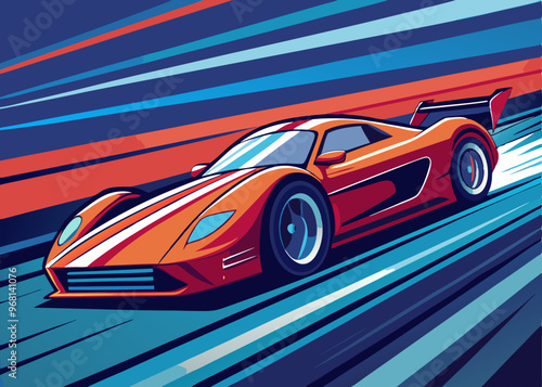 A vibrant illustration of a sleek, orange sports car speeding across a dynamic background, capturing the thrill of speed and power. Perfect for automotive projects, racing themes.