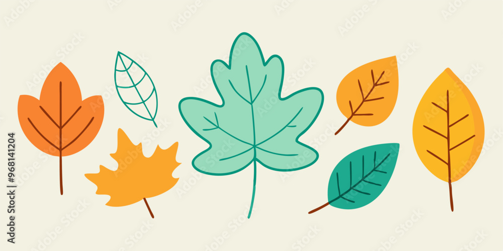 Fototapeta premium A set of colorful autumn leaves in various shapes and sizes, perfect for adding a touch of fall to your designs. This cheerful and vibrant illustration is ideal for creating seasonal graphics.