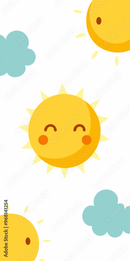  A cute and cheerful illustration of a smiling sun with clouds, perfect for adding a touch of whimsy to your designs.  This adorable graphic is ideal for kids' products, nursery decor.