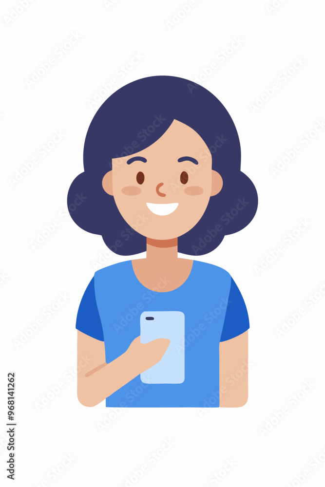 A smiling woman with short, dark hair, wearing a blue shirt, is holding a smartphone. The illustration is simple and flat, perfect for adding a friendly touch to your website or social media. A smiling woman with short, dark hair, wearing a blue shirt, is holding a smartphone. The illustration is simple and flat, perfect for adding a friendly touch to your website or social media.