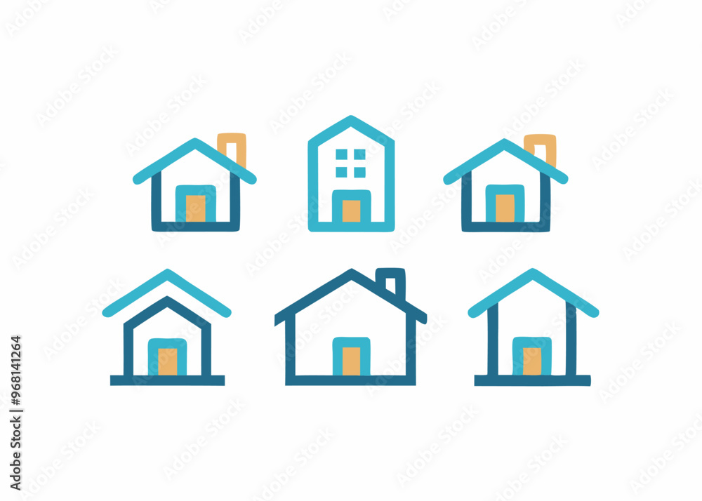 Set of six hand-drawn house icons, perfect for adding a personal touch to your design projects. Each icon is unique, with a variety of styles and details. Set of six hand-drawn house icons, perfect for adding a personal touch to your design projects. Each icon is unique, with a variety of styles and details.