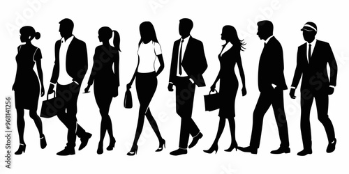  Silhouettes of eight people walking in a line,  a diverse group of business people, great for illustrating teamwork, collaboration, or urban life.