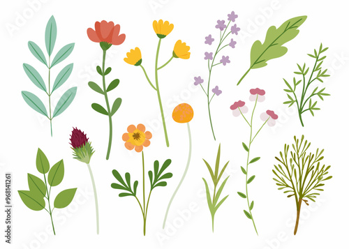  A collection of vibrant, hand-drawn wildflowers in various colors and shapes, perfect for adding a touch of nature and charm to your design projects. This set includes delicate flowers.