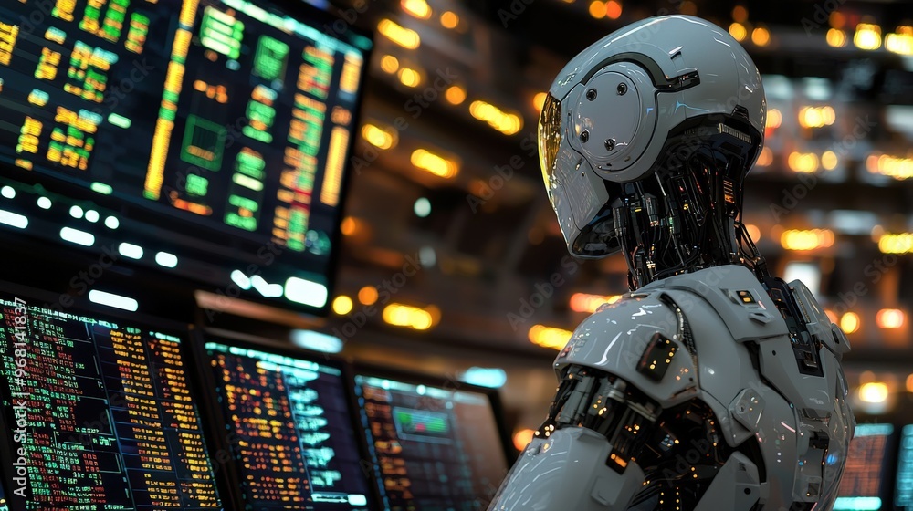 Fototapeta premium Robot sitting in a control room filled with screens displaying stock market volatility, [market control], [AI responding to financial shifts]