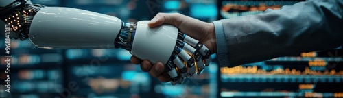 Robot and human shaking hands in front of fluctuating stock market data, [collaboration], [AI-human partnership in trading] photo