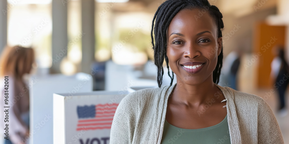 Happy black woman voting at polling place during US elections and looking at camera. --ar 2:1 --style raw --personalize ns7v6b1 --v 6.1 Job ID: 4a27f0c9-63bf-4d4b-a3ac-cab3b330046d Happy black woman voting at polling place during US elections and looking at camera. --ar 2:1 --style raw --personalize ns7v6b1 --v 6.1 Job ID: 4a27f0c9-63bf-4d4b-a3ac-cab3b330046d