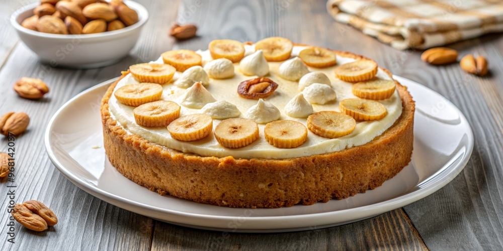 Close-up of a Delicious Almond and Banana Cake, Dessert, Bakery, Baking Close-up of a Delicious Almond and Banana Cake, Dessert, Bakery, Baking
