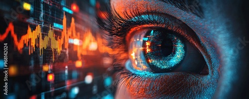 Robotic eye reflecting fluctuating crypto and stock prices in real time, [surveillance], [robot tracking market shifts]