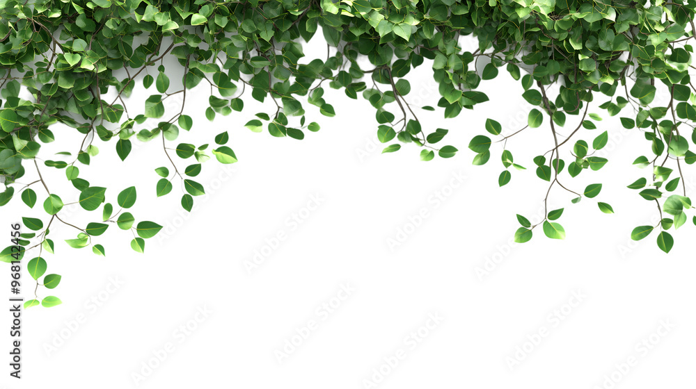 Large tree branches and foliage leaves on top border, 3D render, isolated on white background Large tree branches and foliage leaves on top border, 3D render, isolated on white background