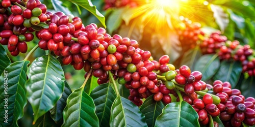 Coffee Bean Harvest in the Sun, Close-Up, Lush Green Leaves, Sun Rays, Coffee Plantation, Coffee Plant, Coffee Beans