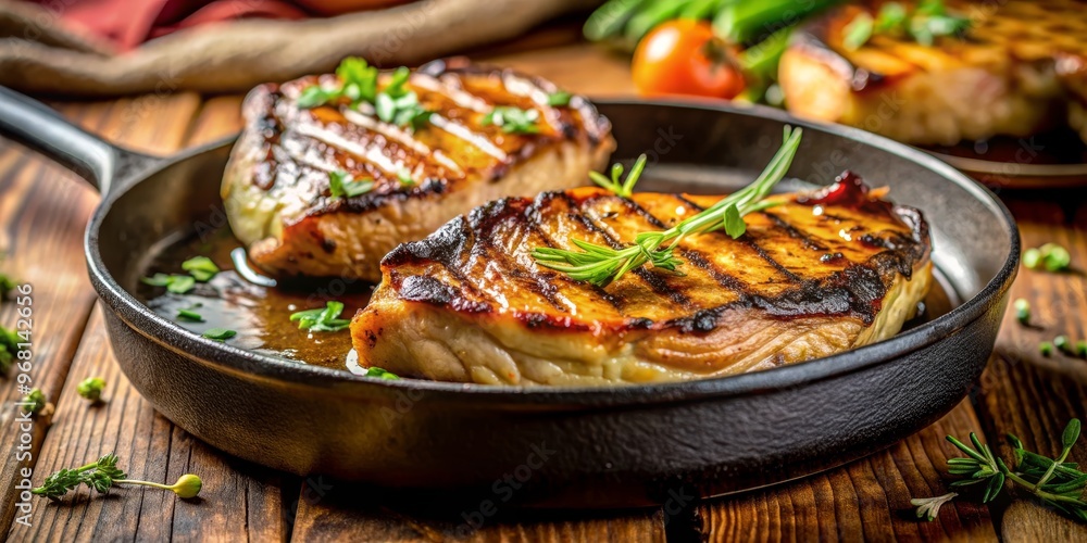 Grilled Pork Chops in a Cast Iron Skillet, Rustic, Food Photography, Pork Chop, Cast Iron, Food Styling Grilled Pork Chops in a Cast Iron Skillet, Rustic, Food Photography, Pork Chop, Cast Iron, Food Styling