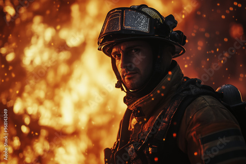  A determined firefighter stands strong amid roaring flames, his gear dusted with ash and sparks flying around, symbolizing courage in the face of danger.