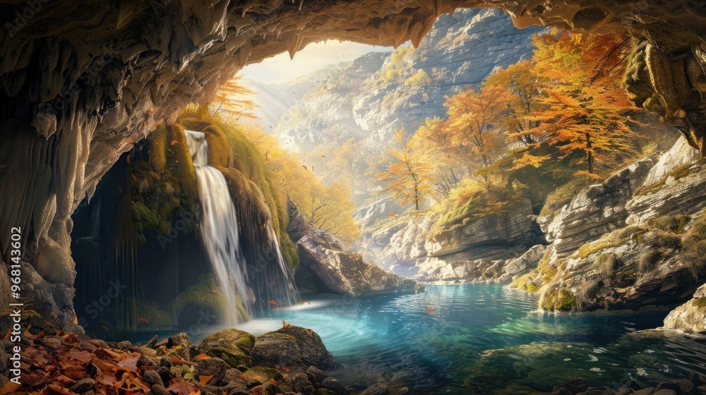 Serene Waterfall View from a Cave Serene Waterfall View from a Cave