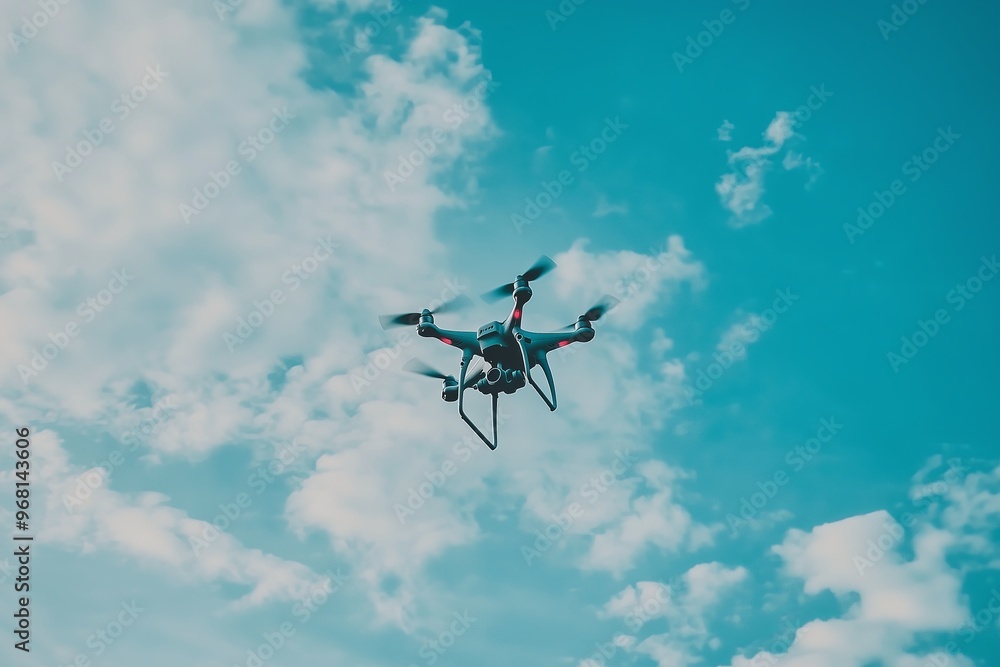 Drone flying overhead in cloudy blue sky Drone flying overhead in cloudy blue sky