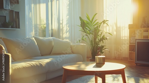 Interior of a bright living room with a sofa and a glockenspiel on the table. photo