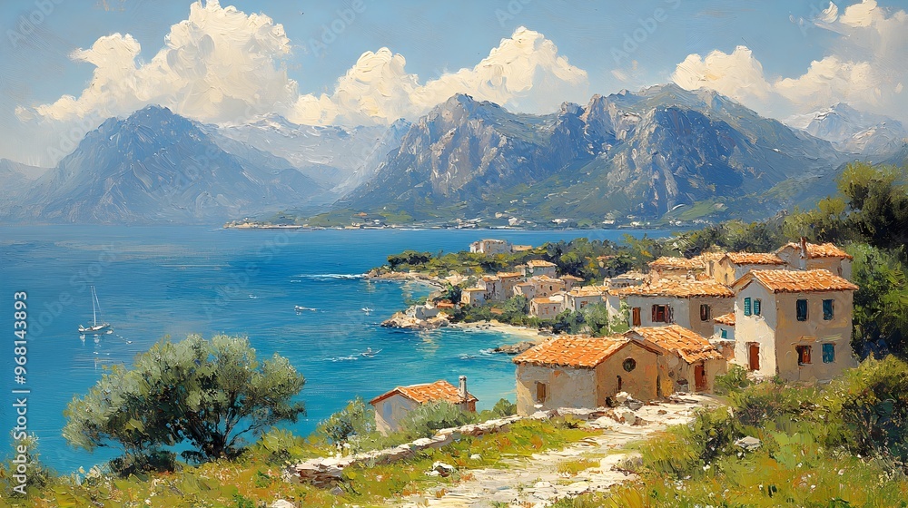 Fototapeta premium It is an amazing Oil painting of a small town on the Mediterranean Sea, with mountains in the background and beautiful summer weather.