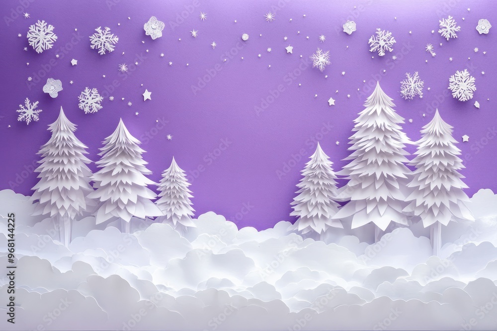 Obraz premium Papercraft Winter Landscape with Snowflakes and Trees