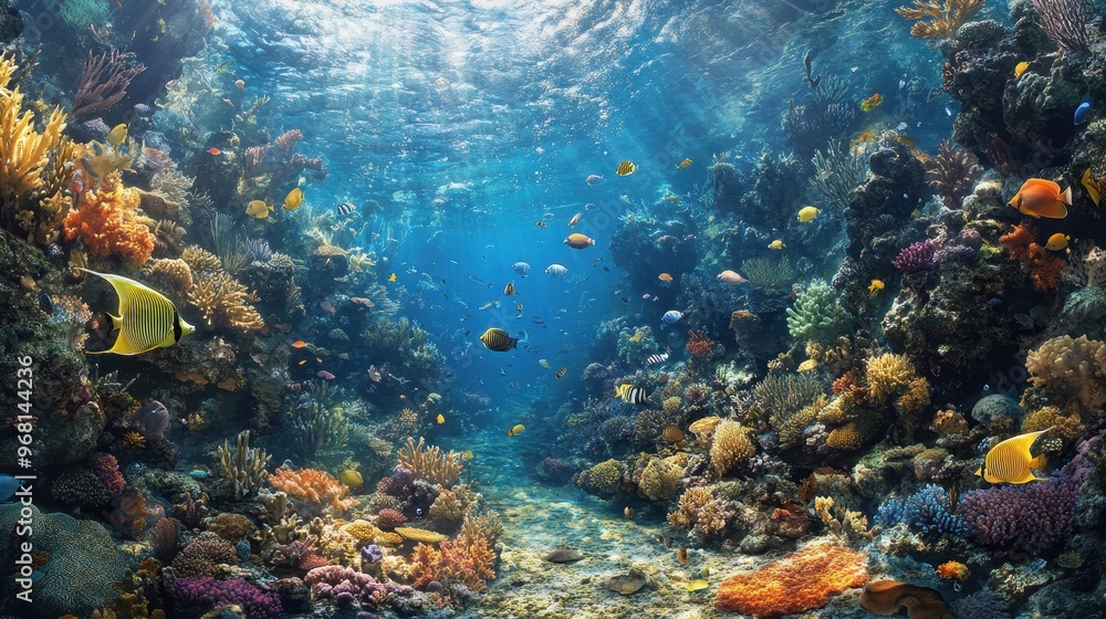 Naklejka premium Underwater Paradise: Vibrant Coral Reef with Fish