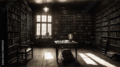 Generative AI, A cozy, dimly lit library filled with old books, wooden shelves, and soft light filtering through the window, creating a sense of nostalgia and quiet reflection in a sepia-toned photogr photo