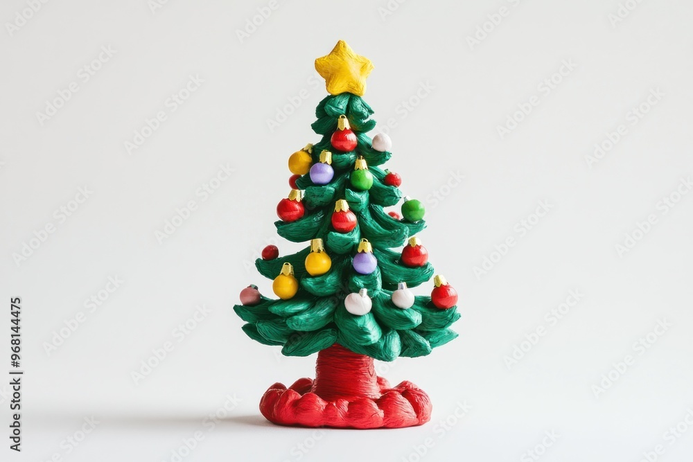 A Small, Green, Clay Christmas Tree with Ornaments A Small, Green, Clay Christmas Tree with Ornaments