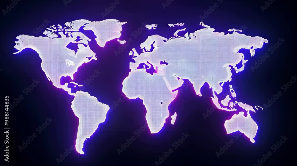 Digital glowing world map on a dark background. Concept of global communication, technology, data networks, international connections Digital glowing world map on a dark background. Concept of global communication, technology, data networks, international connections